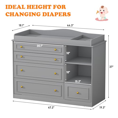 5-Drawer Baby Changing Table Dresser with Storage Shelves, Grey