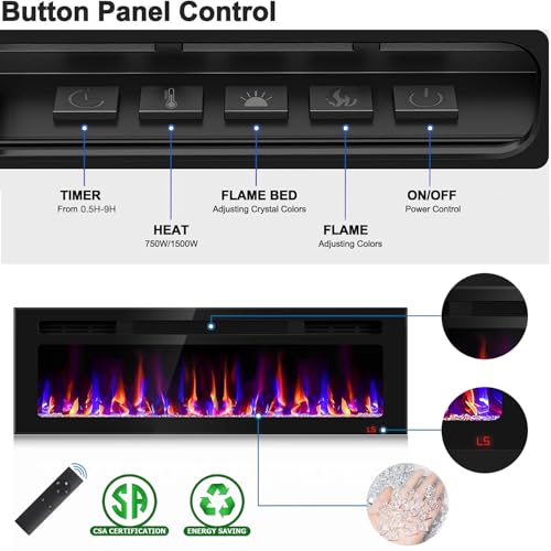 50-Inch Electric Fireplace Recessed Wall Mounted Heater with Remote