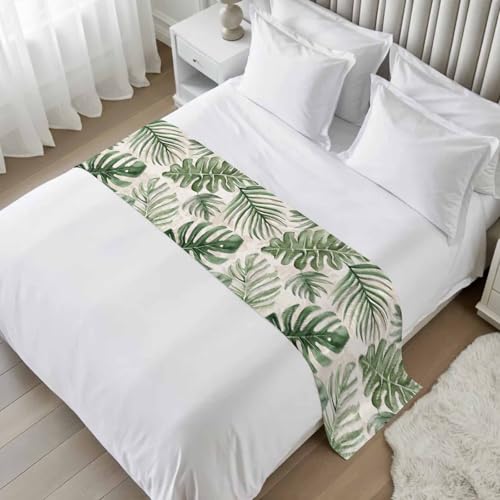 Green Monstera Deliciosa Bed Runner Scarf - Cal King Tropical Bed Throw