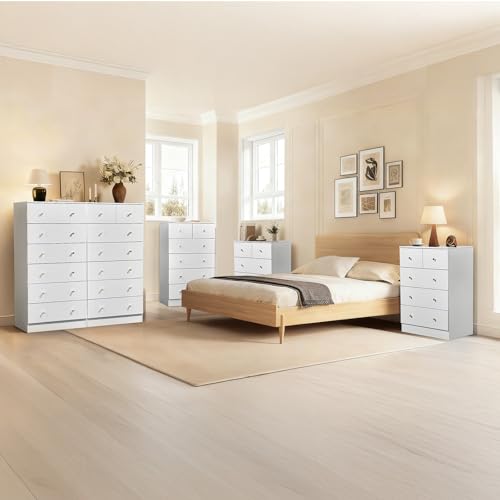 Modern 5-Drawer Wood Dresser with Rose Gold Handles for Bedroom Storage
