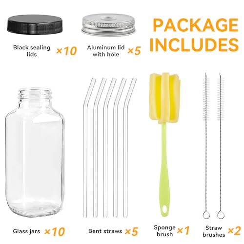 Kucoele 16oz Glass Juice Bottles with Airtight Lids & Straws - Pack of 10