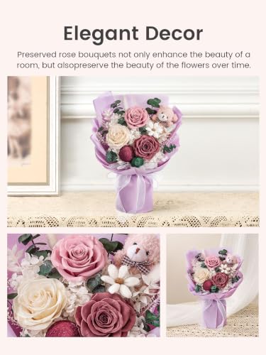 Preserved Rose and Hydrangea Bouquet with Bear - Long-Lasting Floral Gift
