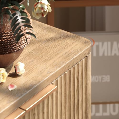67-Inch Fluted Oak Buffet Cabinet - 6-Door Wood Sideboard Credenza