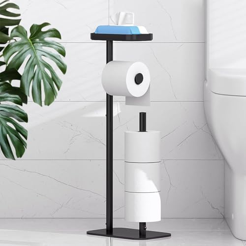 Kitsure Free Standing Metal Toilet Paper Holder with Shelf and 4-Roll Storage