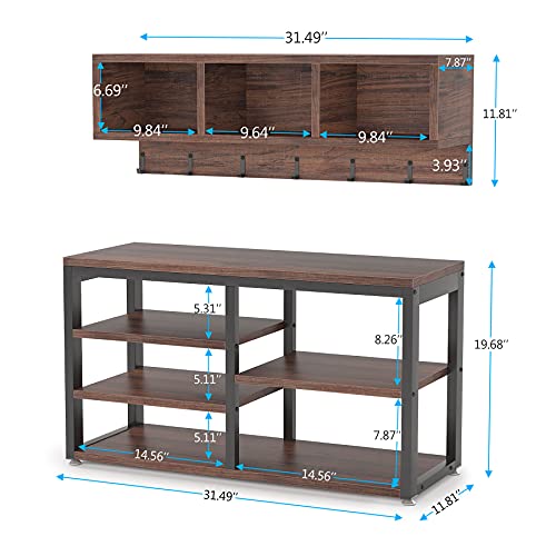 Tribesigns Rustic Brown 5-in-1 Industrial Shoe Rack Bench with Coat Hooks and Cubby Storage
