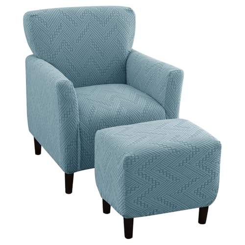 Stretch Chair and Ottoman Cover Set - Non-Slip Jacquard Fabric, Blue