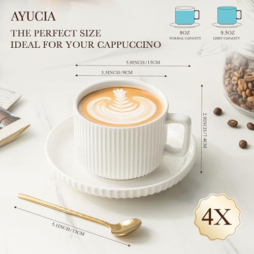 AYUCIA White Cream 8oz Cappuccino Cups Set of 4 with Saucers & Spoons