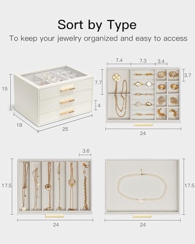 3-Drawer Jewelry Box with Glass Lid - Leather Jewelry Organizer for Women
