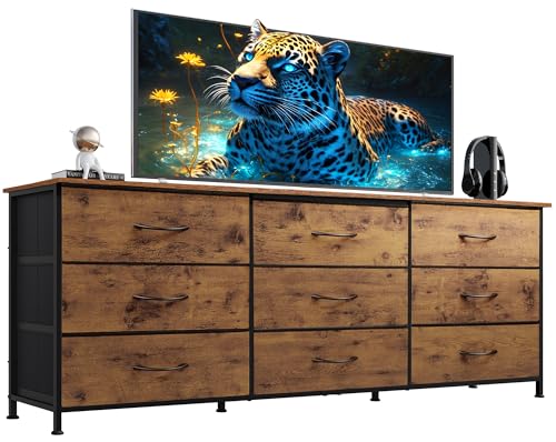 9-Drawer Dresser TV Stand for 75 Inch TVs, Rustic Brown Media Console