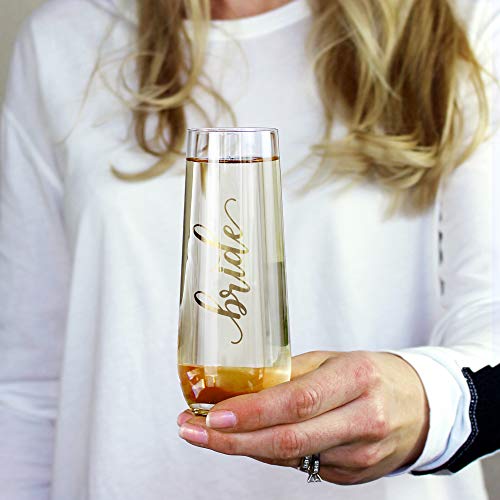 Bride Stemless Champagne Glass - Gold Lettering Wedding Toasting Drinkware