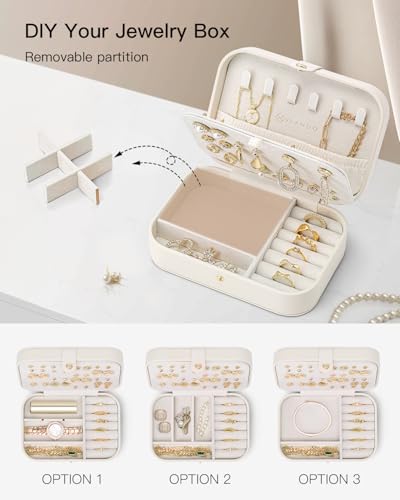 Compact Travel Jewelry Box Organizer, Double-Layer PU Leather Case - Beige