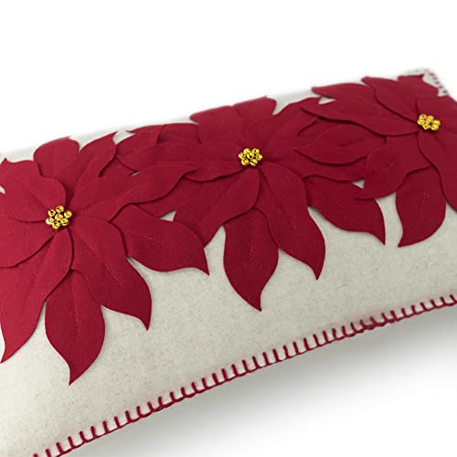 JWH Poinsettia Wool 14x24 Inch Christmas Pillow Cover - NOEL Appliqué