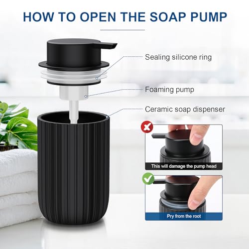 Ceramic Foaming Soap Dispenser, 12 oz Refillable Hand Soap Pump - Black