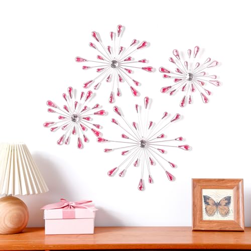 4-Piece Pink Starburst Metal Wall Art Set - 3D Rhinestone Decorative Accents