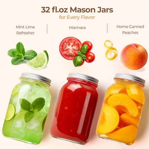 32 oz Wide Mouth Mason Jars with Lids (2 Pack) - 1 Quart Glass Canning Jars