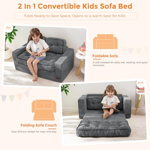 Kids Convertible 2-in-1 Folding Sofa Bed, Dark Grey Floor Lounger