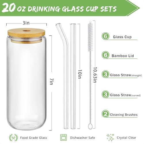 20 oz Glass Can Cups with Bamboo Lids and Glass Straws - 6 Piece Set