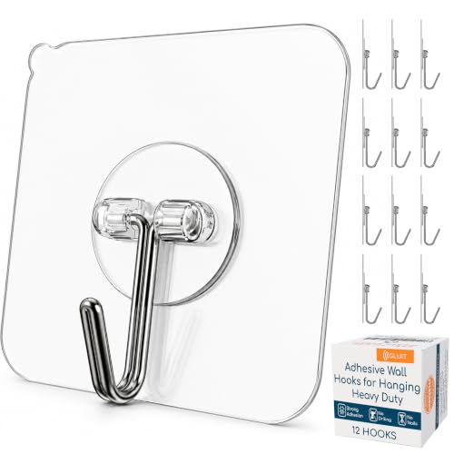 Clear Adhesive Wall Hooks, Heavy Duty No-Drill Hooks, 12 Pack