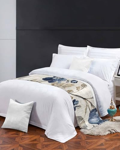 Cal King Bed Runner - Blue Gray Vintage Botanical Floral Satin Bed Scarf