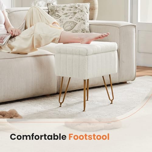 Faux Fur Storage Vanity Stool Chair - Modern Footrest Ottoman with Metal Legs