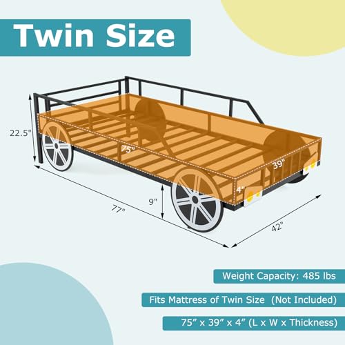 Twin Size Race Car Bed Frame for Kids with Safety Guardrails & Metal Slats