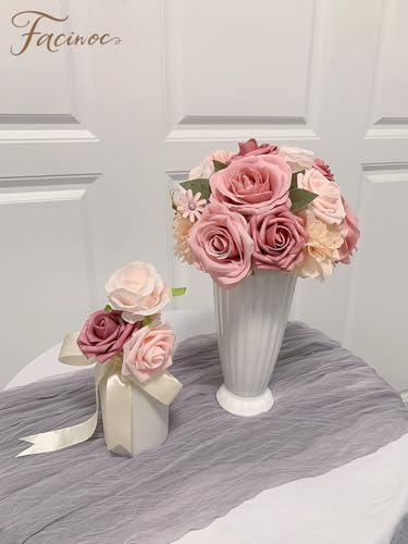 Pink Roses Artificial Flowers Set - 21 Faux Floral Bouquets for DIY Wedding & Home Decor