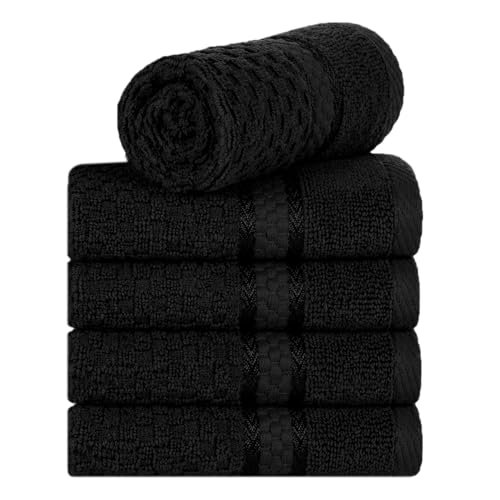 100% Cotton Washcloths, 12x12 Inch Popcorn Textured Set of 5, Black