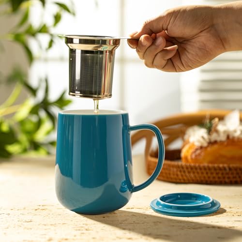 Sweese Steel Blue Porcelain 20oz Tea Mug with Infuser & Lid - Microwave Safe