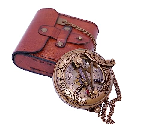Handcrafted Antique Brass Sundial Compass with Protective Leather Case