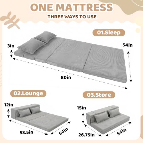 Full Size Tri-Fold Futon Mattress, Corduroy Foldable Floor Bed & Lounge
