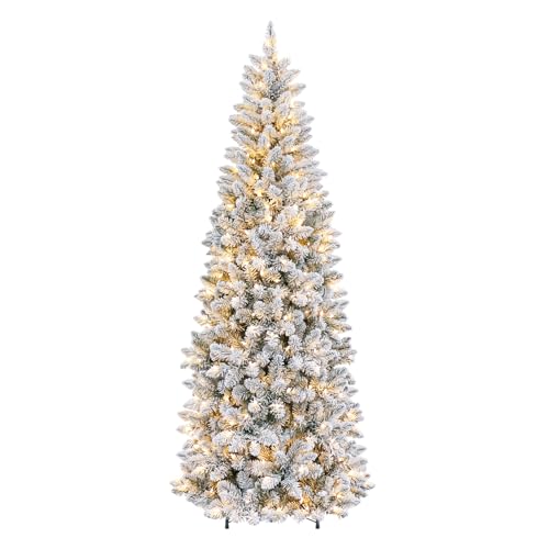 Slim Snow Flocked 6ft Christmas Tree with 200 LED Lights & 10 Modes - Prelit, Hinged Design