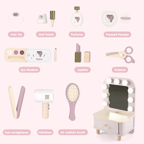 Wooden Toddler Makeup Vanity Set with Lighted Mirror and 10 Accessories