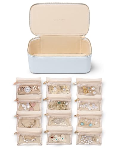 Portable Travel Jewelry Box with 12 Clear Velvet Zipper Pouches, Baby Blue