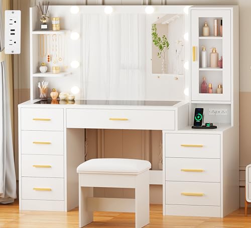 Large Makeup Vanity Desk with Lighted Mirror, Glass Top and Stool