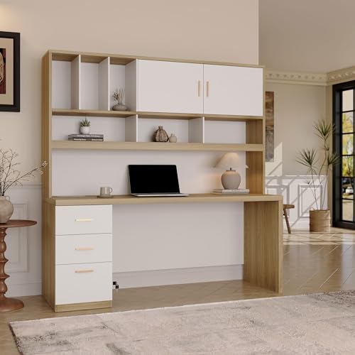 72.8-Inch Computer Desk with Hutch, Drawers, and Built-in Charging Station