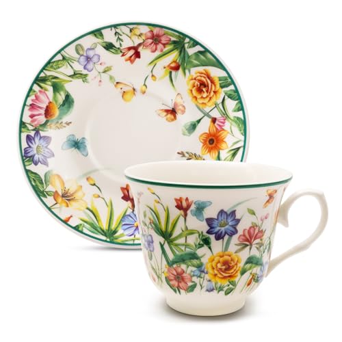 XRBEOU Green-Trimmed 8 oz Floral Butterfly Porcelain Tea Cup & Saucer Set