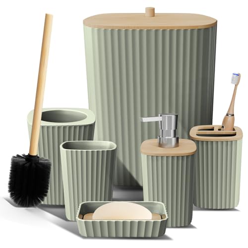 6-Piece Sage Green Bathroom Accessory Set with Bamboo Accents
