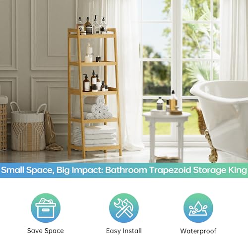5-Tier Bamboo Ladder Bookcase, Freestanding Storage Shelf & Plant Stand
