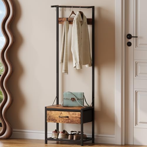 Narrow Hall Tree with Storage Bench, Coat Rack and Fabric Drawers