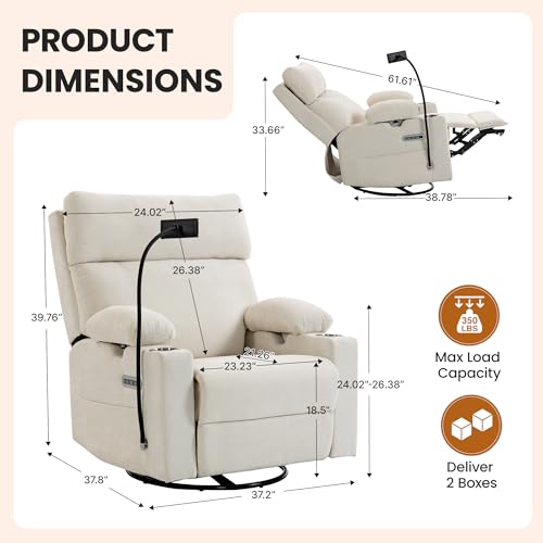 Electric Nursery Glider Recliner with Lumbar Support, Swivel and Rocking