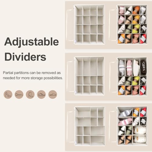 Foldable Shoe Organizer for Closet with Adjustable Dividers and Clear Lid