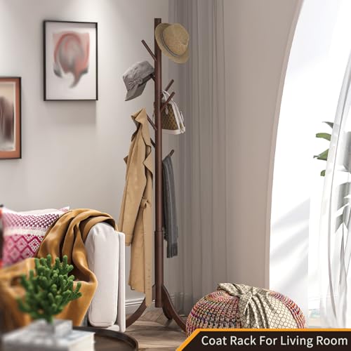 Adjustable Bamboo Freestanding Coat Rack with 8 Hooks for Entryway