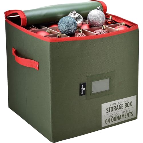 Green 64-Ornament Storage Organizer with Adjustable Dividers, Zippered Top