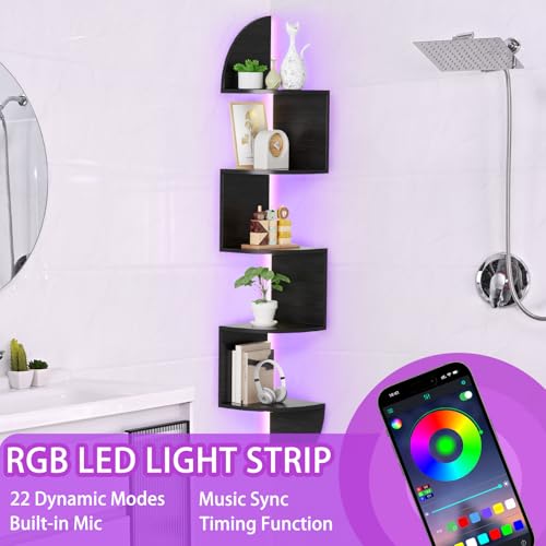 5-Tier Corner Wall Shelf with App-Controlled LED Lighting, Black