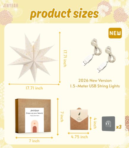 JINYEAH White Paper Star Lantern 3pcs 17.7in Foldable Christmas Lampshade