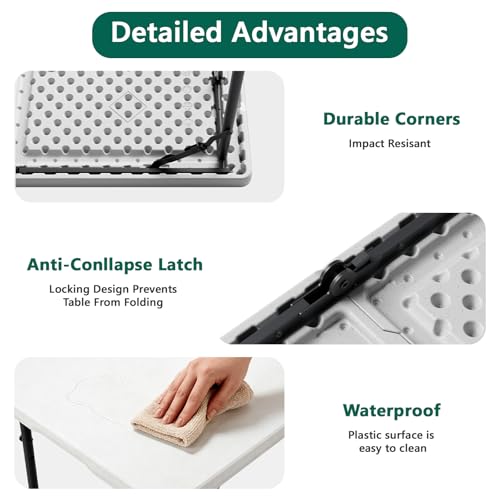 4ft Adjustable Height Folding Table, Heavy Duty Portable Plastic Table