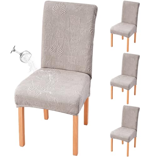 Waterproof Dining Chair Cover Set of 4 - Stretch Slipcovers with Leaf Jacquard, Warm Grey