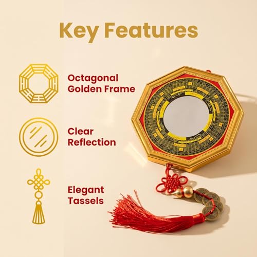Feng Shui Bagua Mirror Set with Five Emperor Coins & Brass Wu Lou - Outdoor Home Protection & Wealth