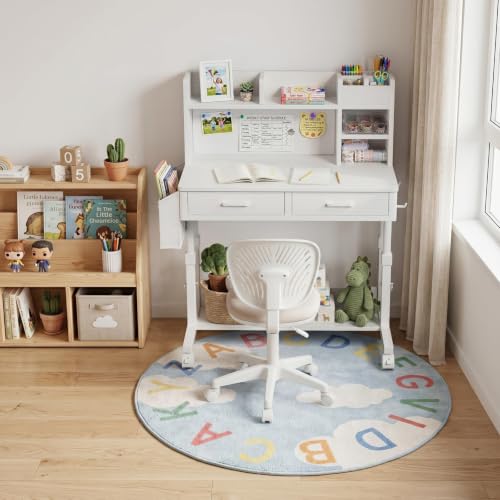 Height Adjustable Kids Study Desk with Hutch, Storage Drawers & Pin Board
