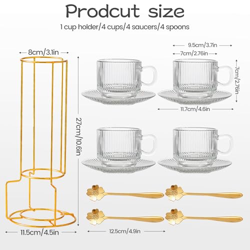 Set of 4 Clear Glass Espresso Cups with Saucers & Stand, 5.4 oz Coffee Mug Set
